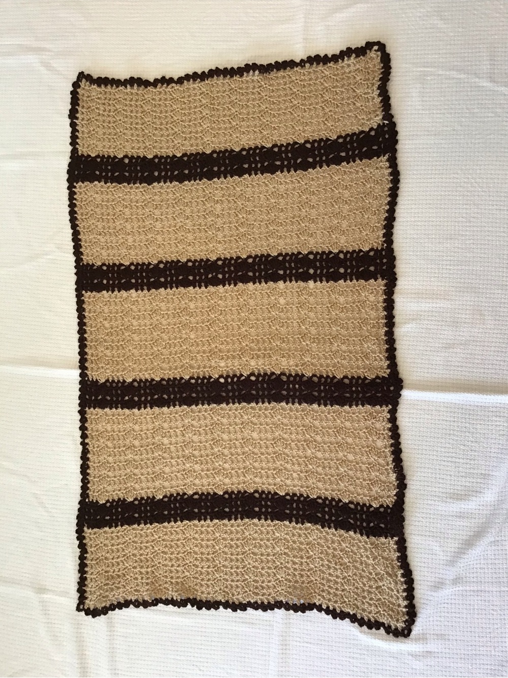 Handmade Neutral Beige Dark Brown Stripe Crochet Throw Baby Lap Blanket 47“x28“